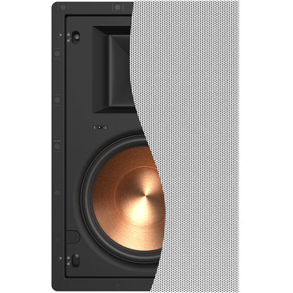 Front view of Klipsch PRO-18RW In-Wall Speaker with half the grille on