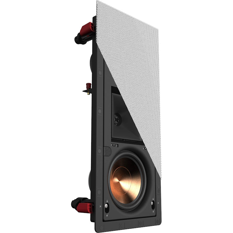 Front angle view of the Klipsch PRO-25RW LCR In-Wall Speaker with half a grille on