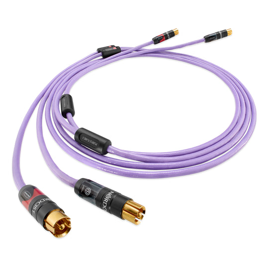 Coiled audio cable with purple sheathing and gold connectors on a white background