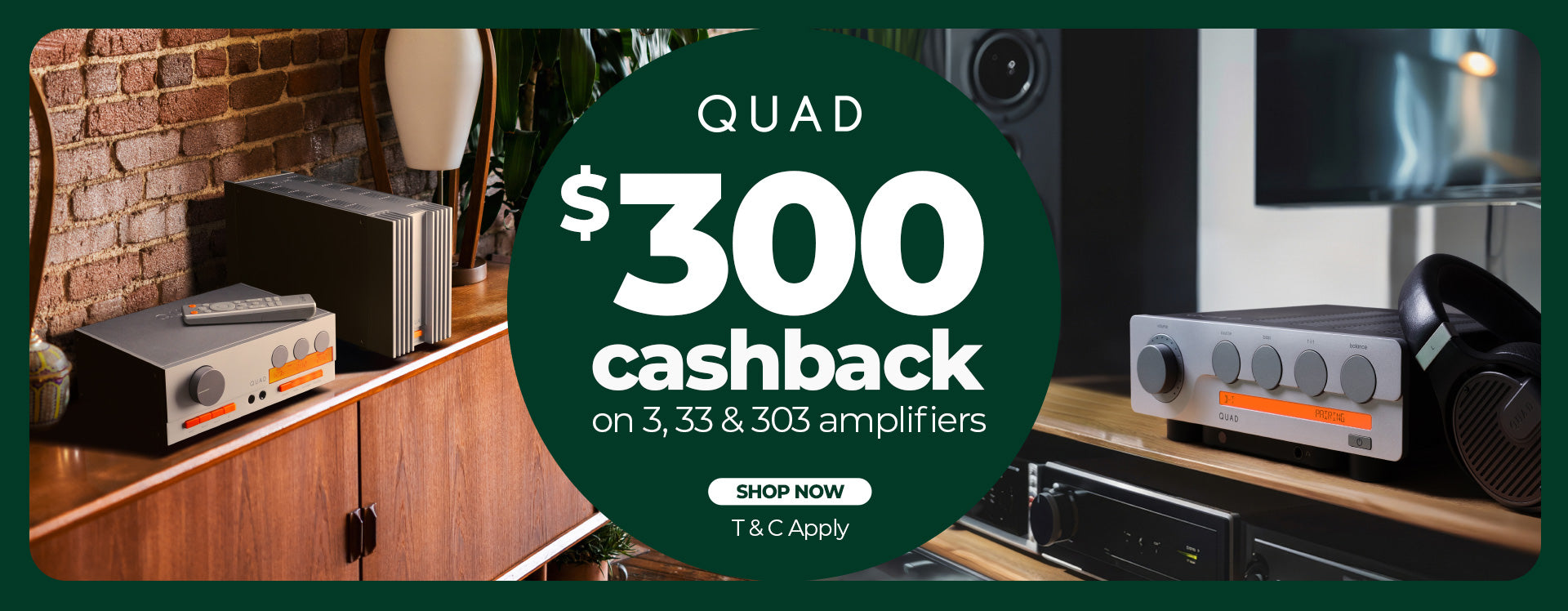 Advertisement for a $300 cashback offer on amplifiers with audio equipment in the background.