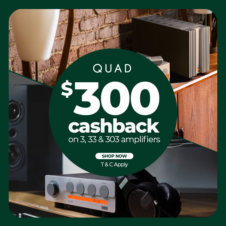 Advertisement for Quad amplifiers with a $300 cashback offer on a home entertainment setup.