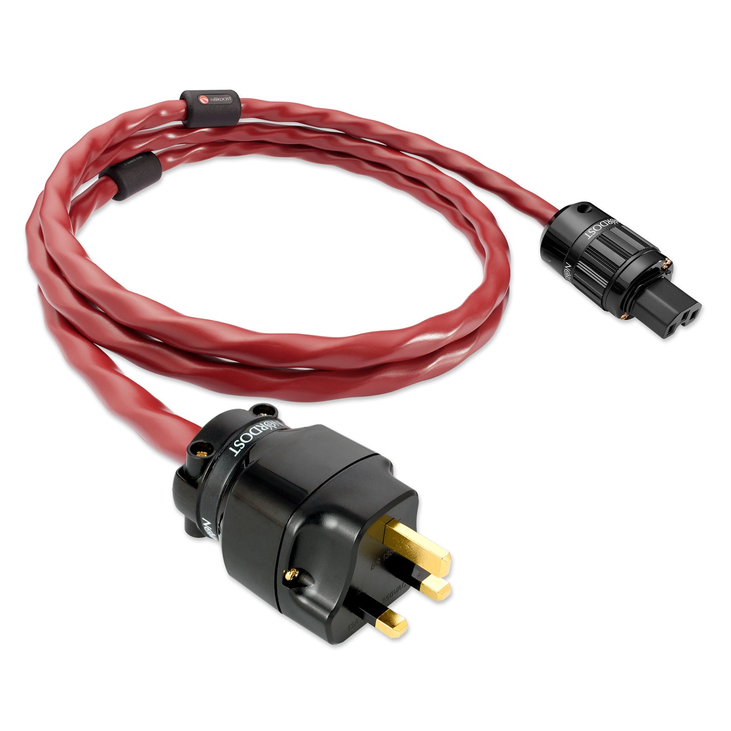 Red cable with black connectors on a white background
