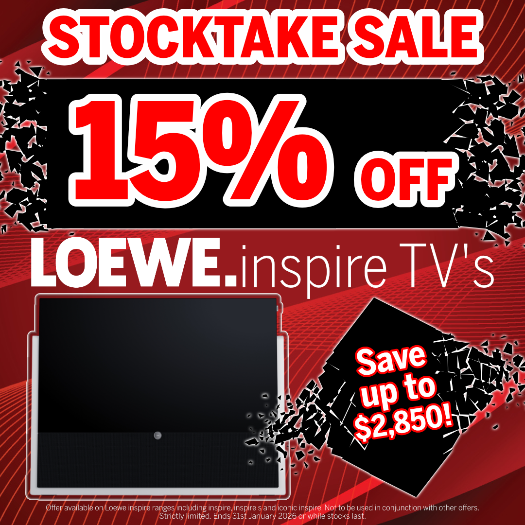 Promotional advertisement for a stocktake sale on Loewe TVs with a 15% discount.
