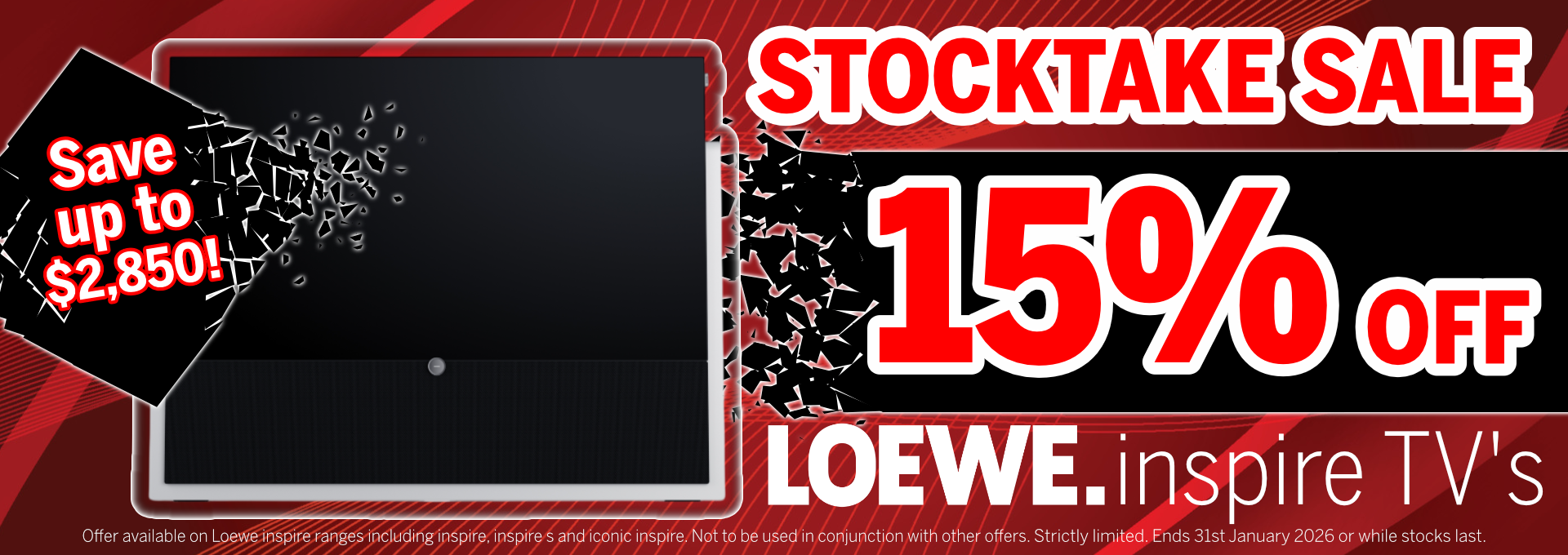 Loewe TV advertisement with a 15% off stocktake sale on a red background