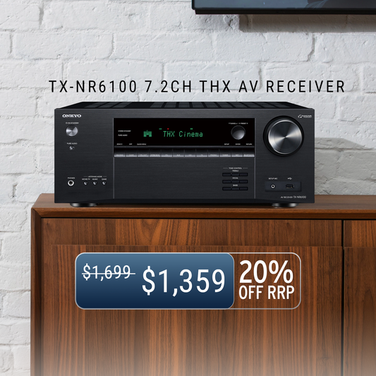 Onkyo TX-NR6100 7.2CH THX AV receiver on a wooden stand with a price tag and discount information.