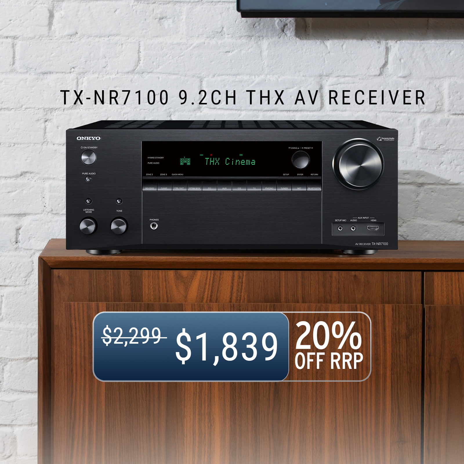 Onkyo TX-NR7100 9.2CH THX AV receiver on a wooden stand with a price tag and discount information.