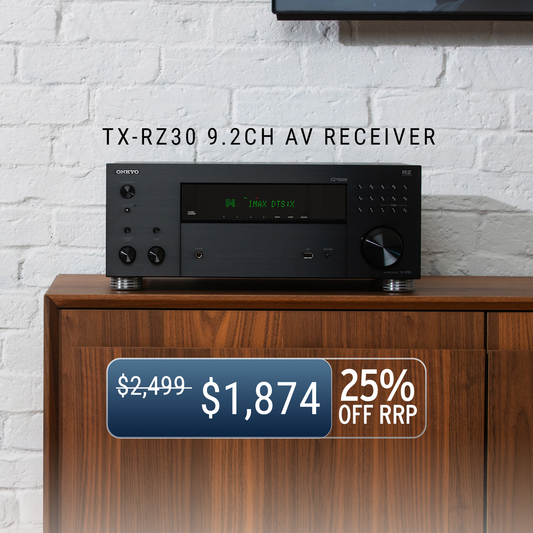 Onkyo TX-RZ30 9.2CH AV receiver on a wooden cabinet with a price tag and discount information.