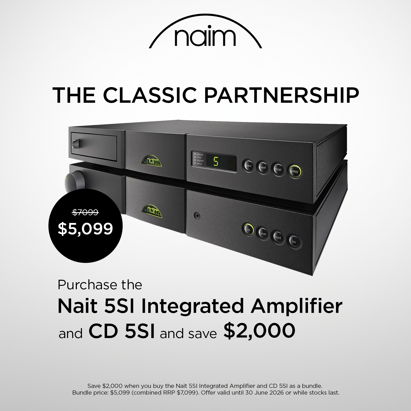 Naim promo offering $2000 off the Nait5si and cd5si on grey background