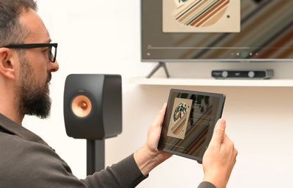 Person using a tablet with a music app next to a speaker and TV.