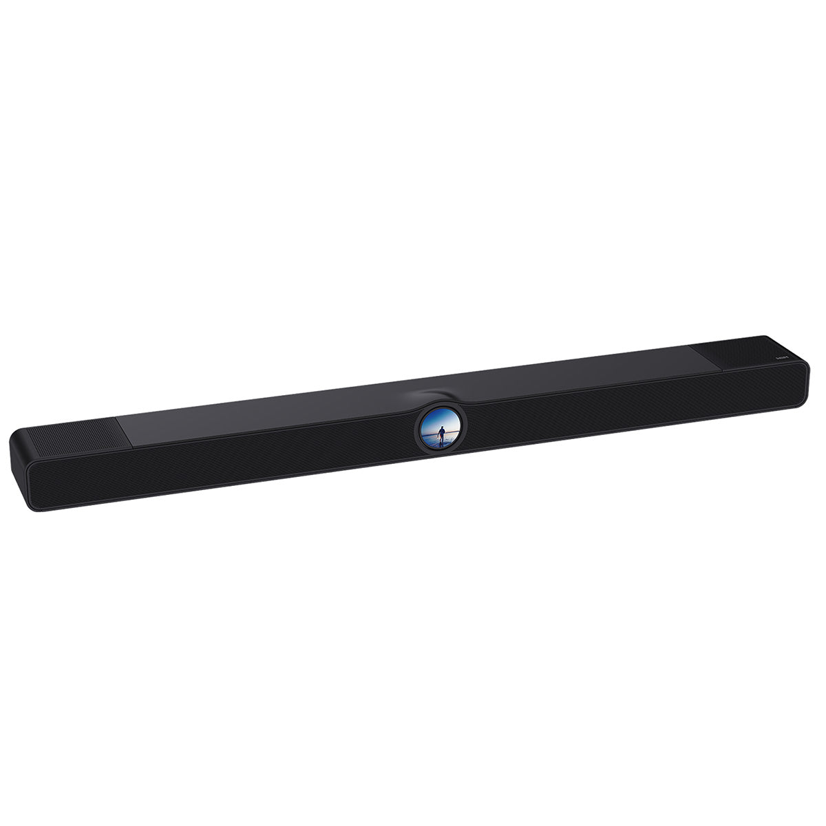 Angle view of  gloss black WiiM Bar 3.0.2 Dolby Atmos Soundbar on white background