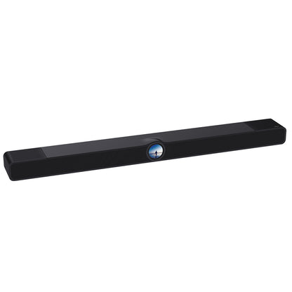 Angle view of  gloss black WiiM Bar 3.0.2 Dolby Atmos Soundbar on white background