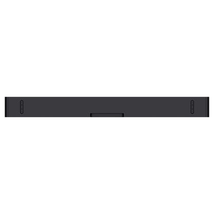 Back view of gloss black WiiM Bar 3.0.2 Dolby Atmos Soundbar on white background