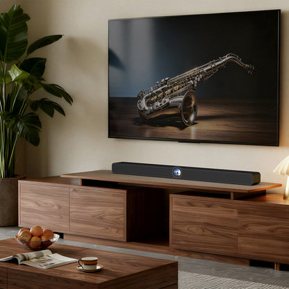 Living room with wooden entertainment console, TV displaying a saxophone, and a soundbar on timber cabinet