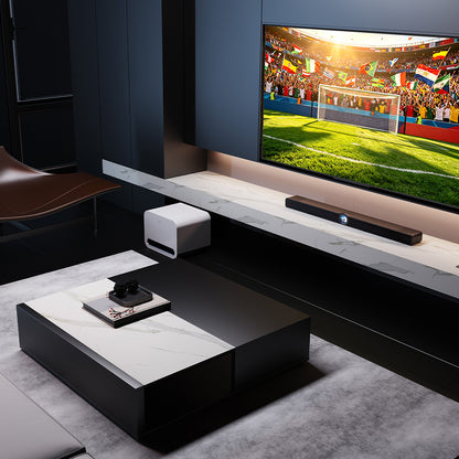 Modern living room with a large TV displaying a sports event, soundbar, and coffee table.