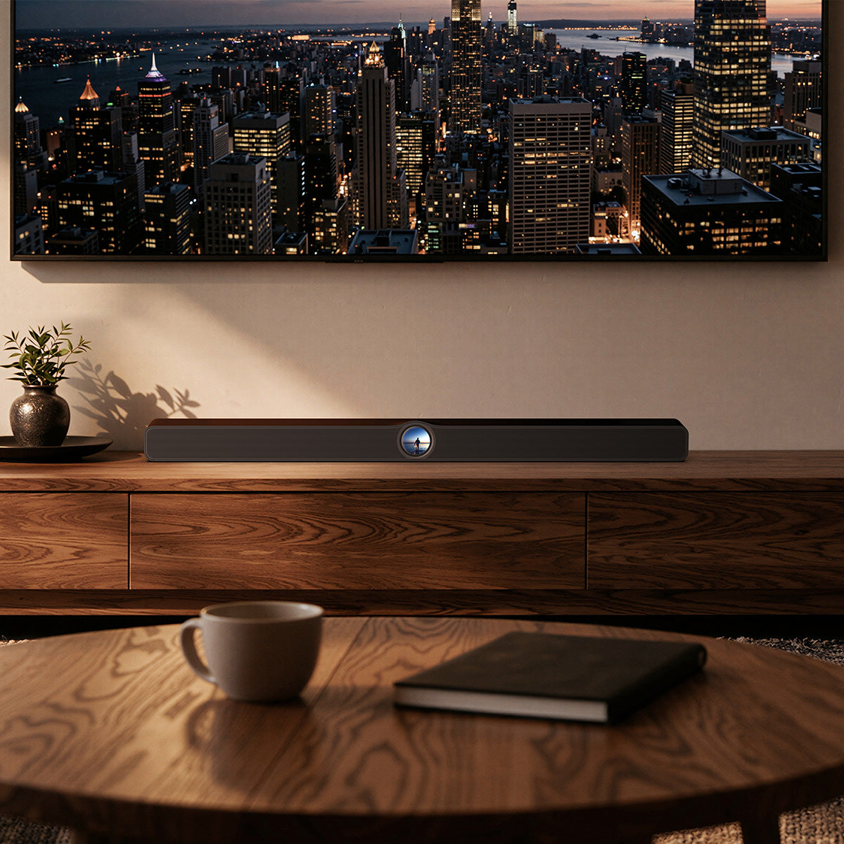 Soundbar on a wooden console with a cityscape in the background