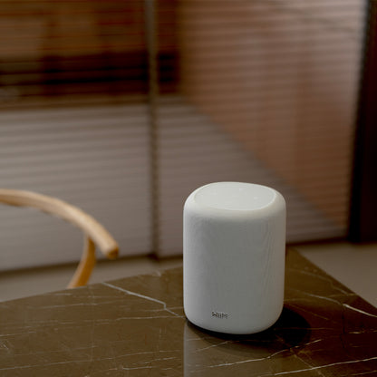 White WiiM Sound Lite Smart Speaker sitting on marble table