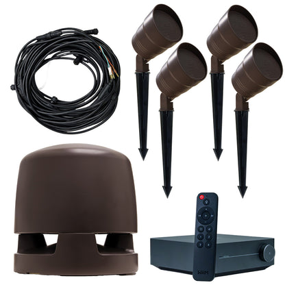 Outdoor speaker system with four speakers, subwoofer, control unit, and cable on a white background