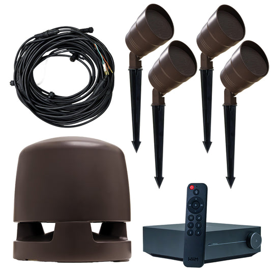 Outdoor speaker system with four speakers, subwoofer, control unit, and cable on a white background