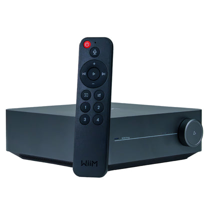 WiiM Amp and remote control on white background