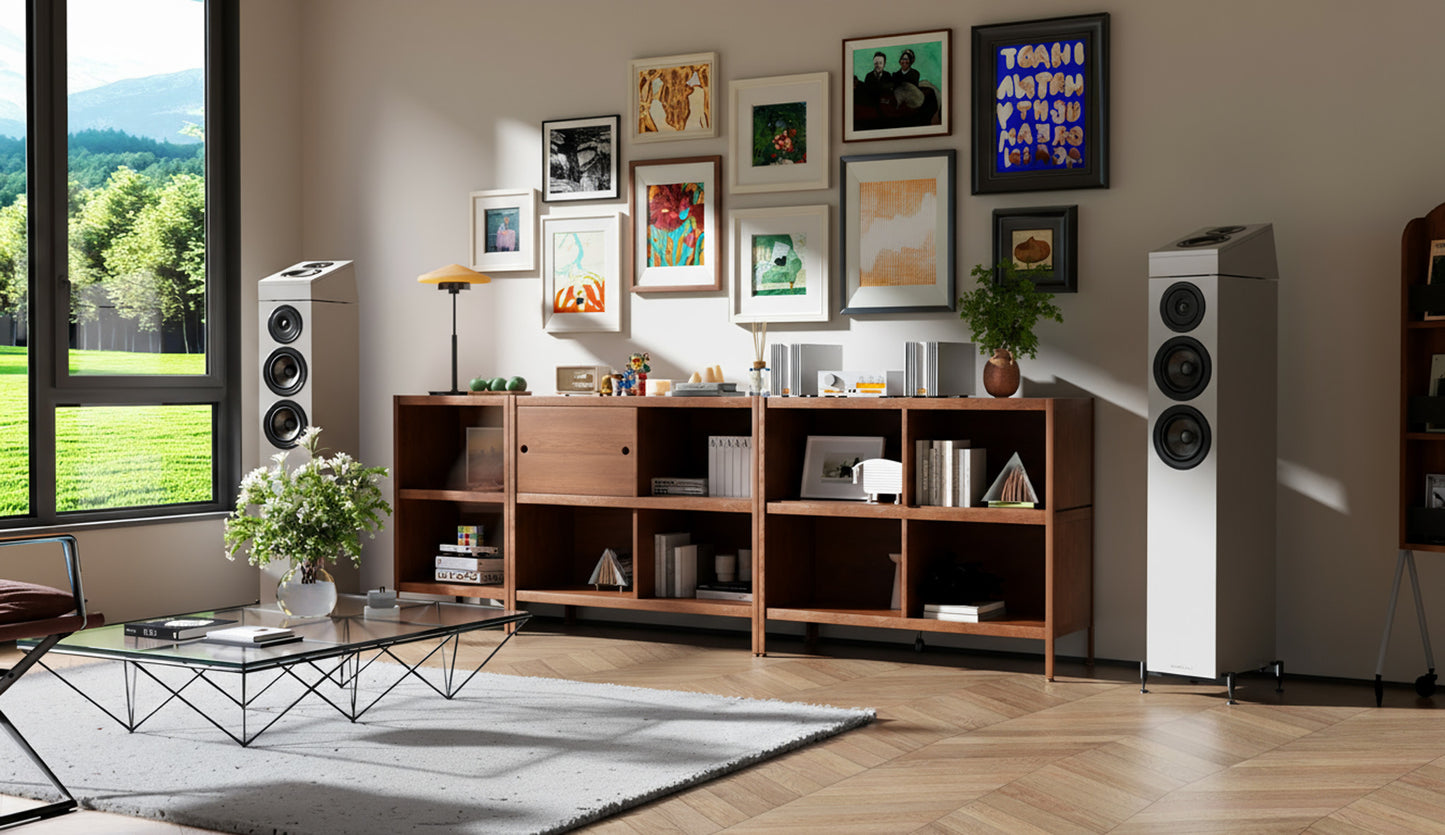 Wharfedale Diamond 12.3Di Surround Speakers in stone grey with floorstanders and cabinet