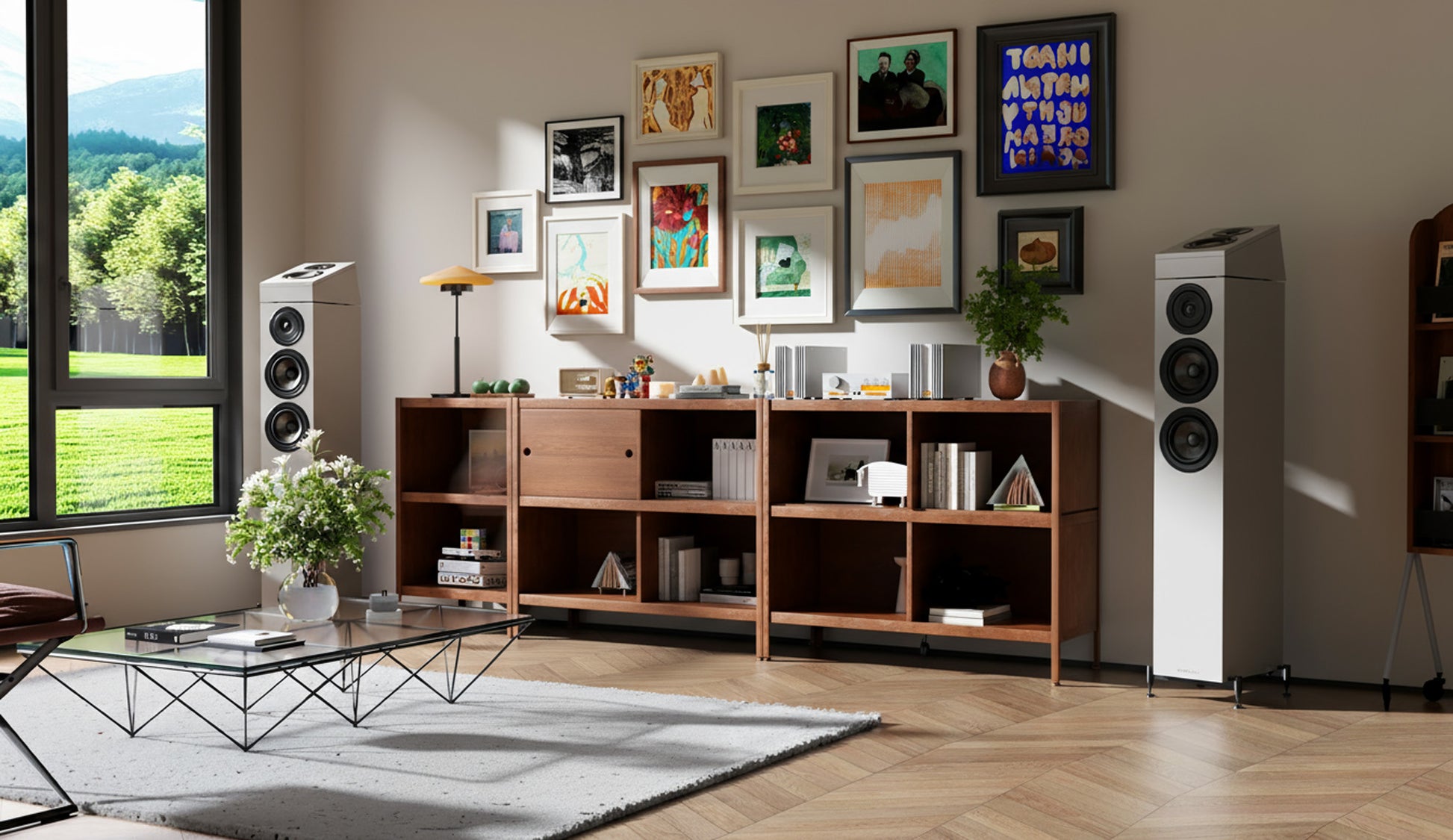 Wharfedale Diamond 12.3Di Surround Speakers in stone grey with floorstanders and cabinet