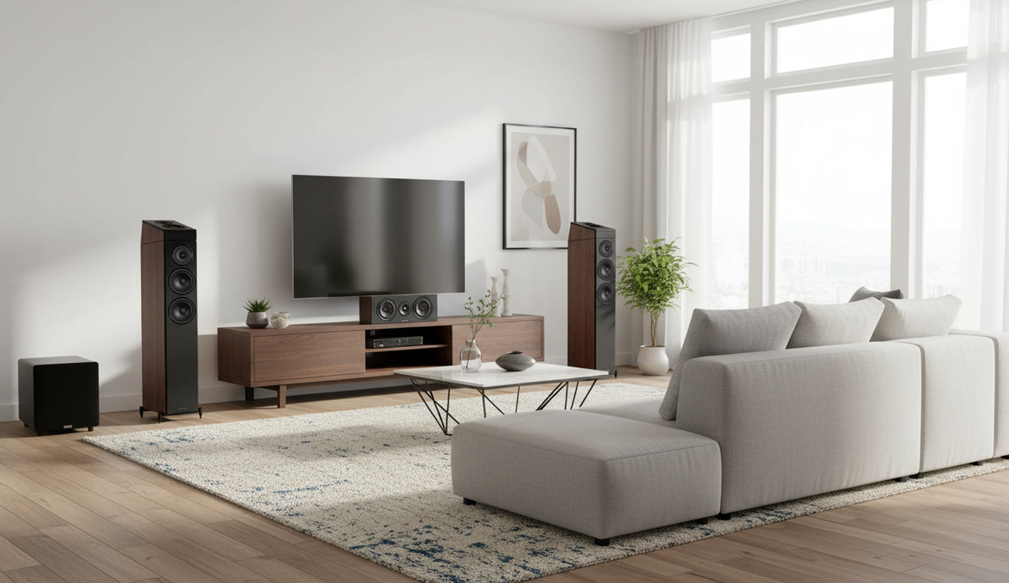 Lifestyle view of walnut Wharfedale Diamond 12.3Di Surround Speakers in living room with other wharfedale speakers