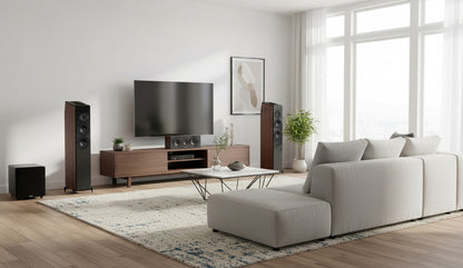 Lifestyle view of walnut Wharfedale Diamond 12.3Di Surround Speakers in living room with other wharfedale speakers