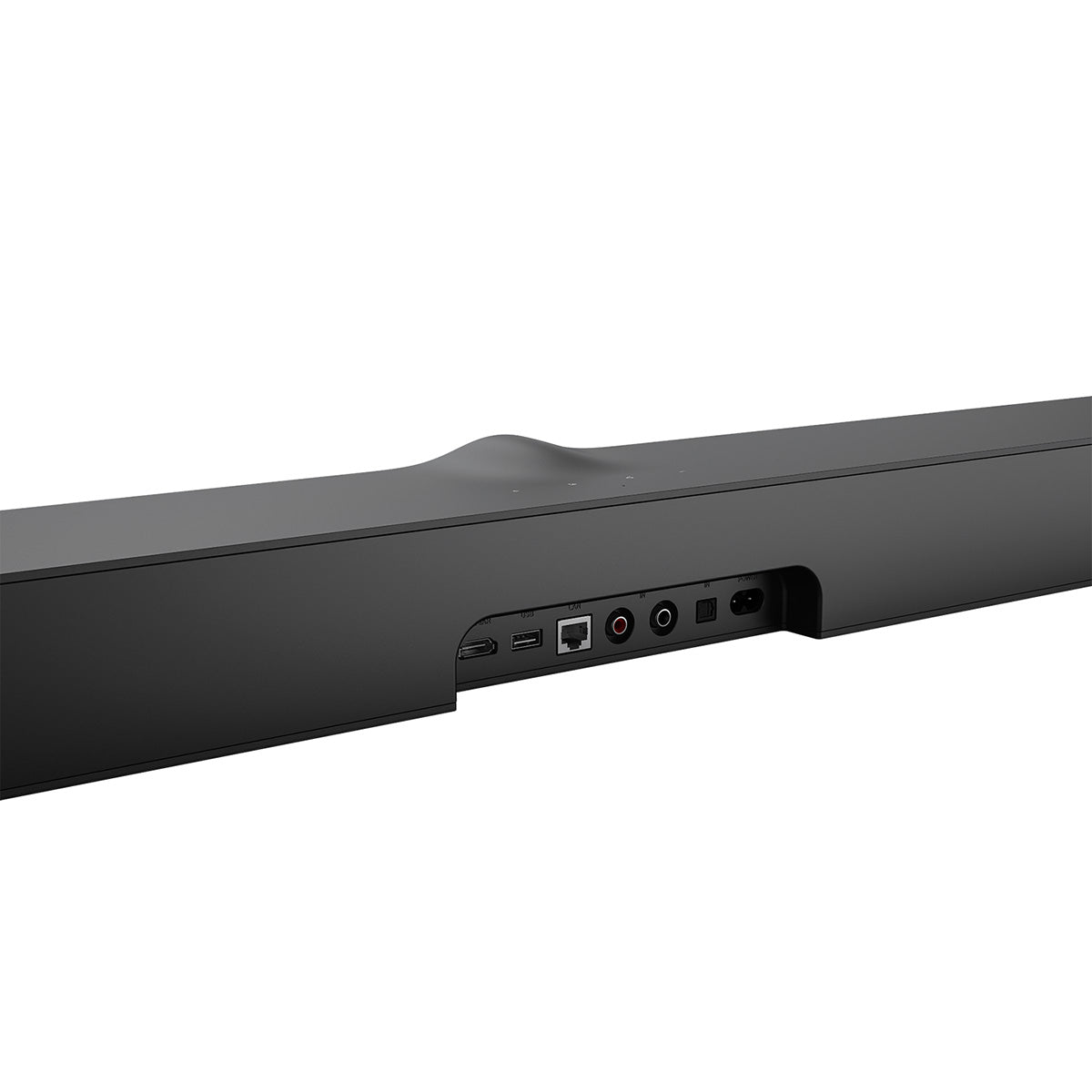 Back view of matte black WiiM Bar 3.0.2 Dolby Atmos Soundbar on white background