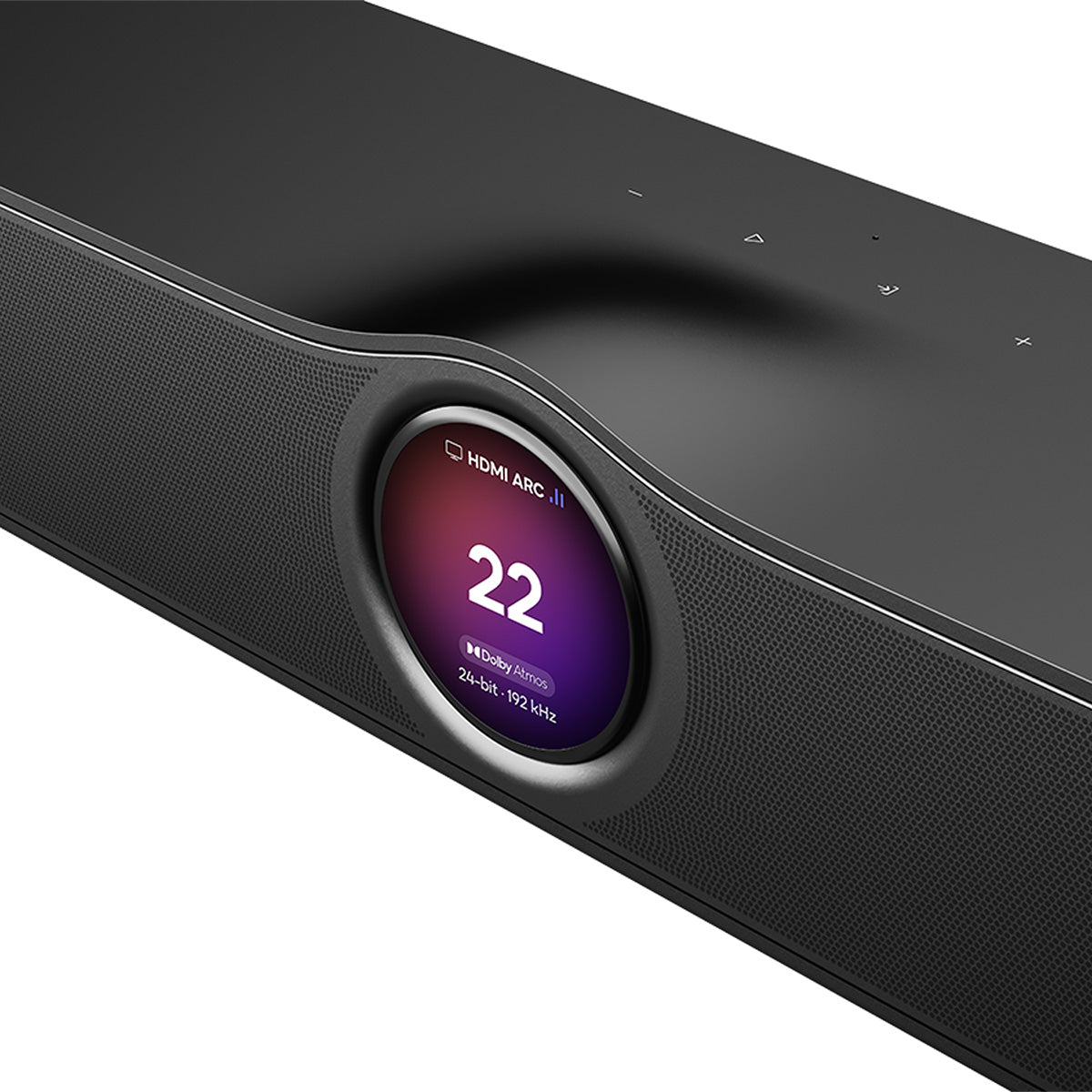 Close up of matte black WiiM Bar 3.0.2 Dolby Atmos Soundbar on white background