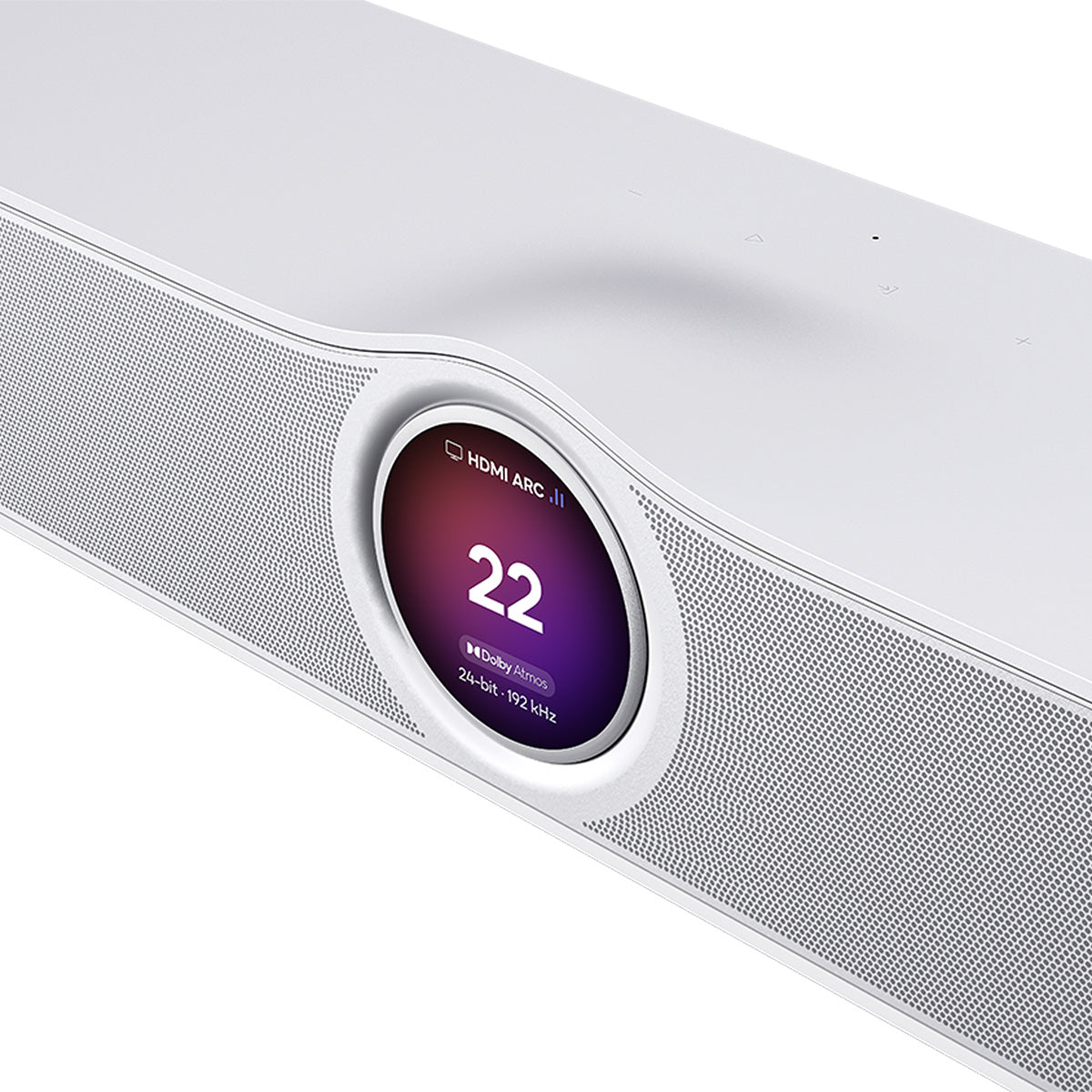 Close up of matte white WiiM Bar Soundbar on white background