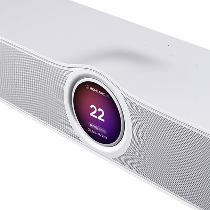 Close up of matte white WiiM Bar Soundbar on white background