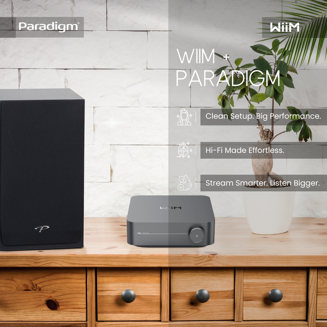 Paradigm and WiIM audio equipment on a wooden surface with a white wall background