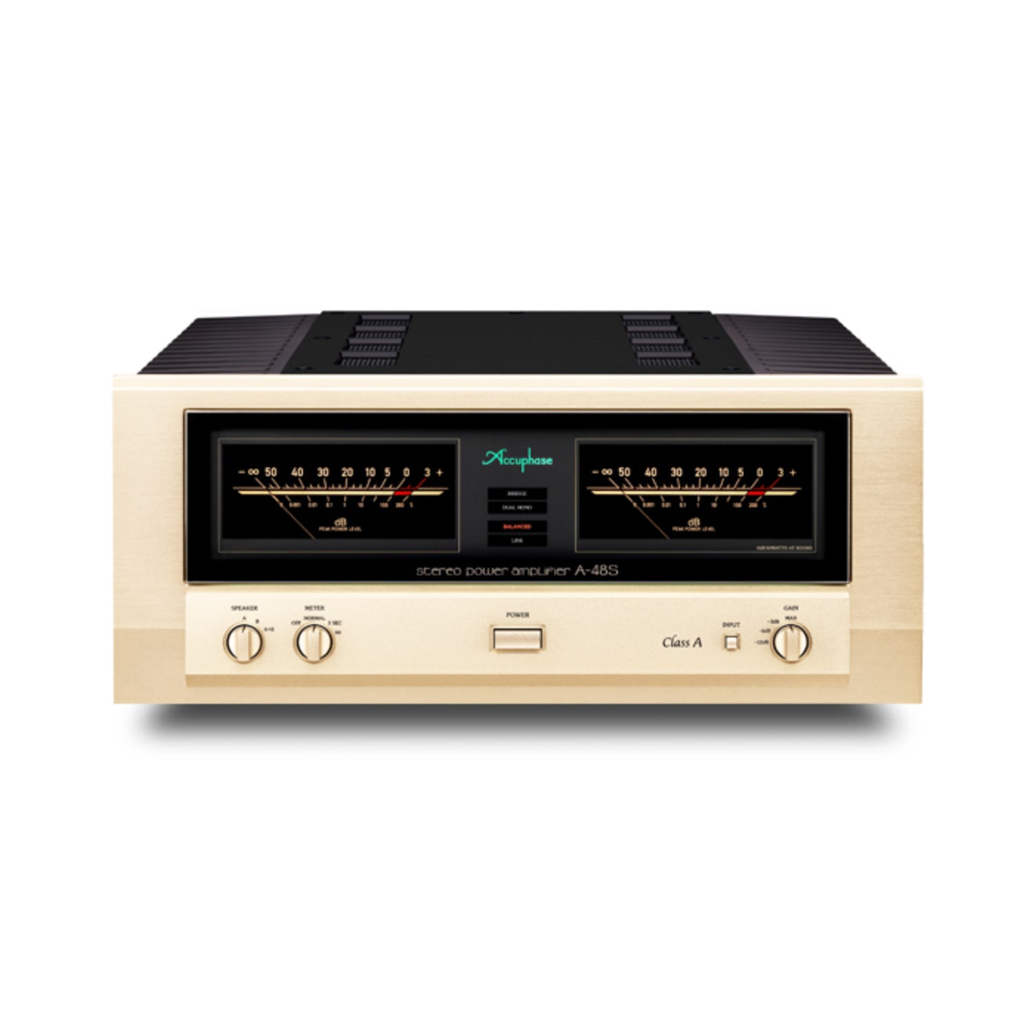 Front view of Accuphase A-48S Class A Stereo Power Amplifier on white background