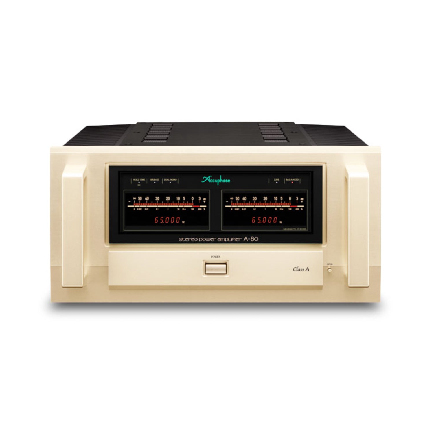 Front view of Accuphase A-80 Class A Stereo Power Amplifier on white background