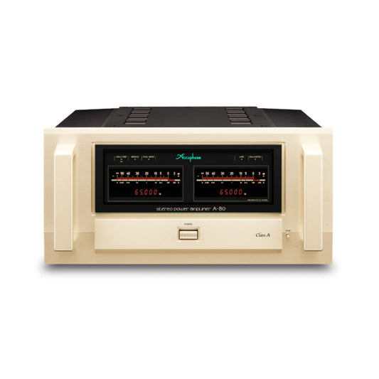 Front view of Accuphase A-80 Class A Stereo Power Amplifier on white background