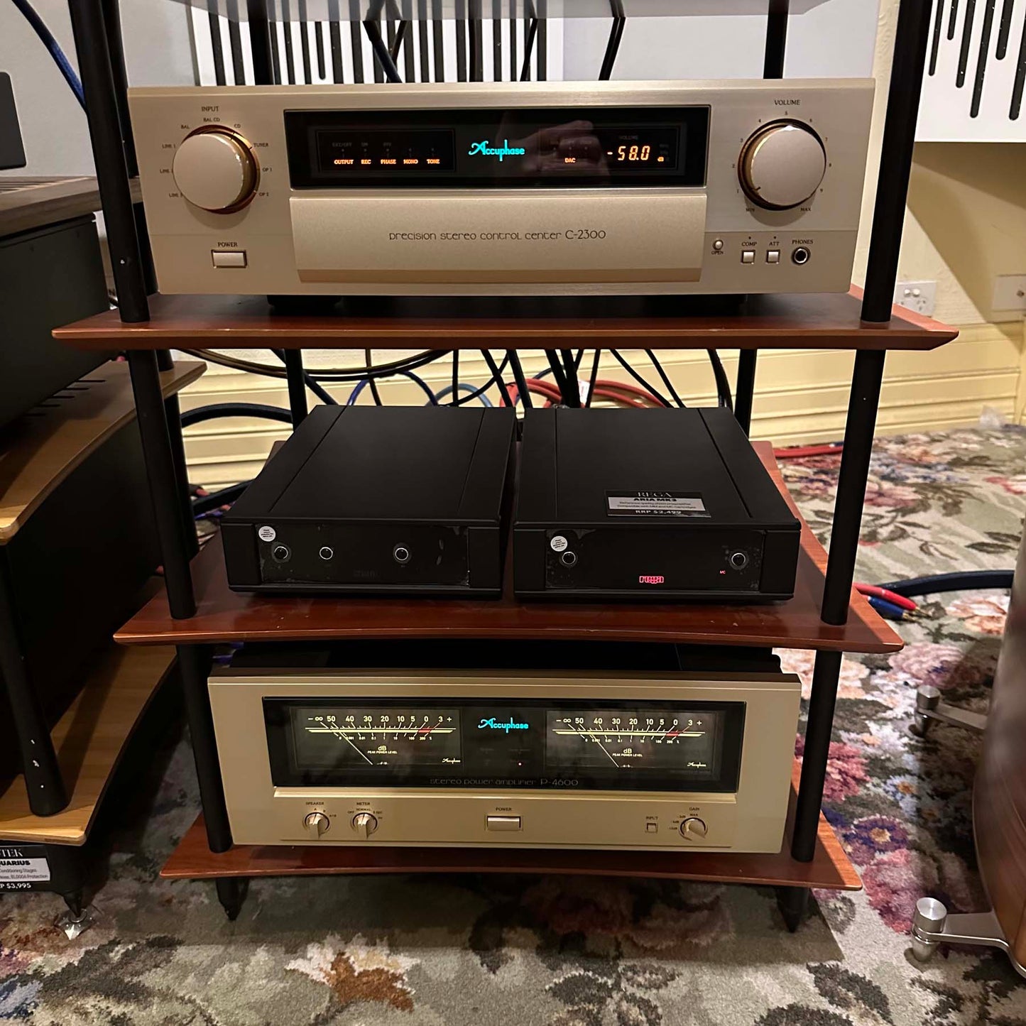 Accuphase P-4600 Stereo Power Amplifier shown on rack with C-2300 preamp