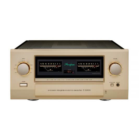 a gold Accuphase E-6000 Integrated Amplifier on a white background