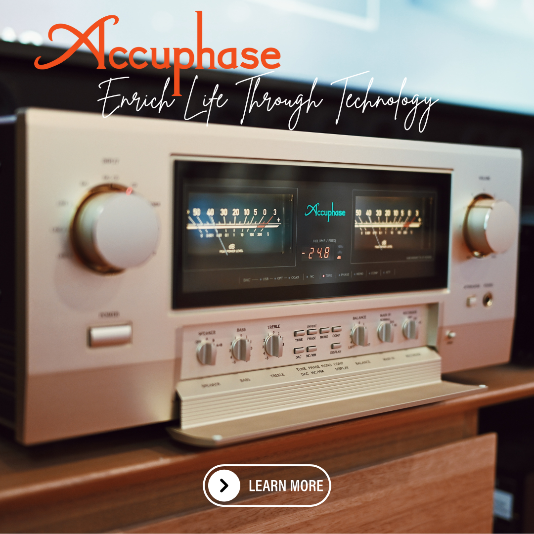 Accuphase audio equipment with brand name and tagline on a blurred background
