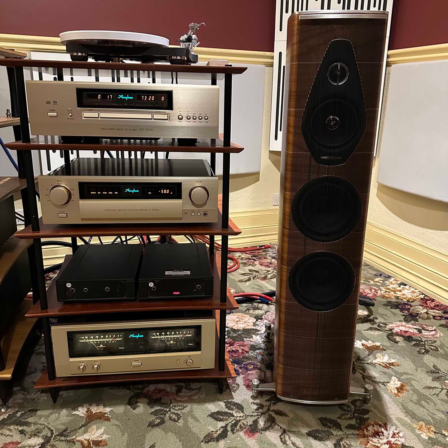 Audio equipment including speakers and amplifiers on a wooden stand in a room with a floral carpet.