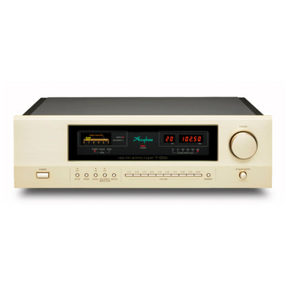 Accuphase T-1200 FM Tuner with digital display and control buttons on a white background