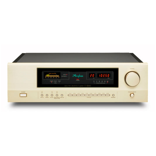 Accuphase T-1200 FM Tuner with digital display and control buttons on a white background