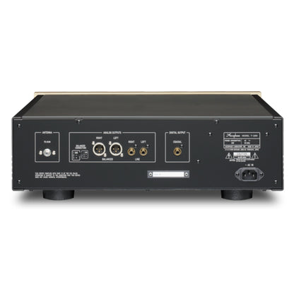 Back view of a Accuphase T-1200 FM Tuner with various connectors on a white background