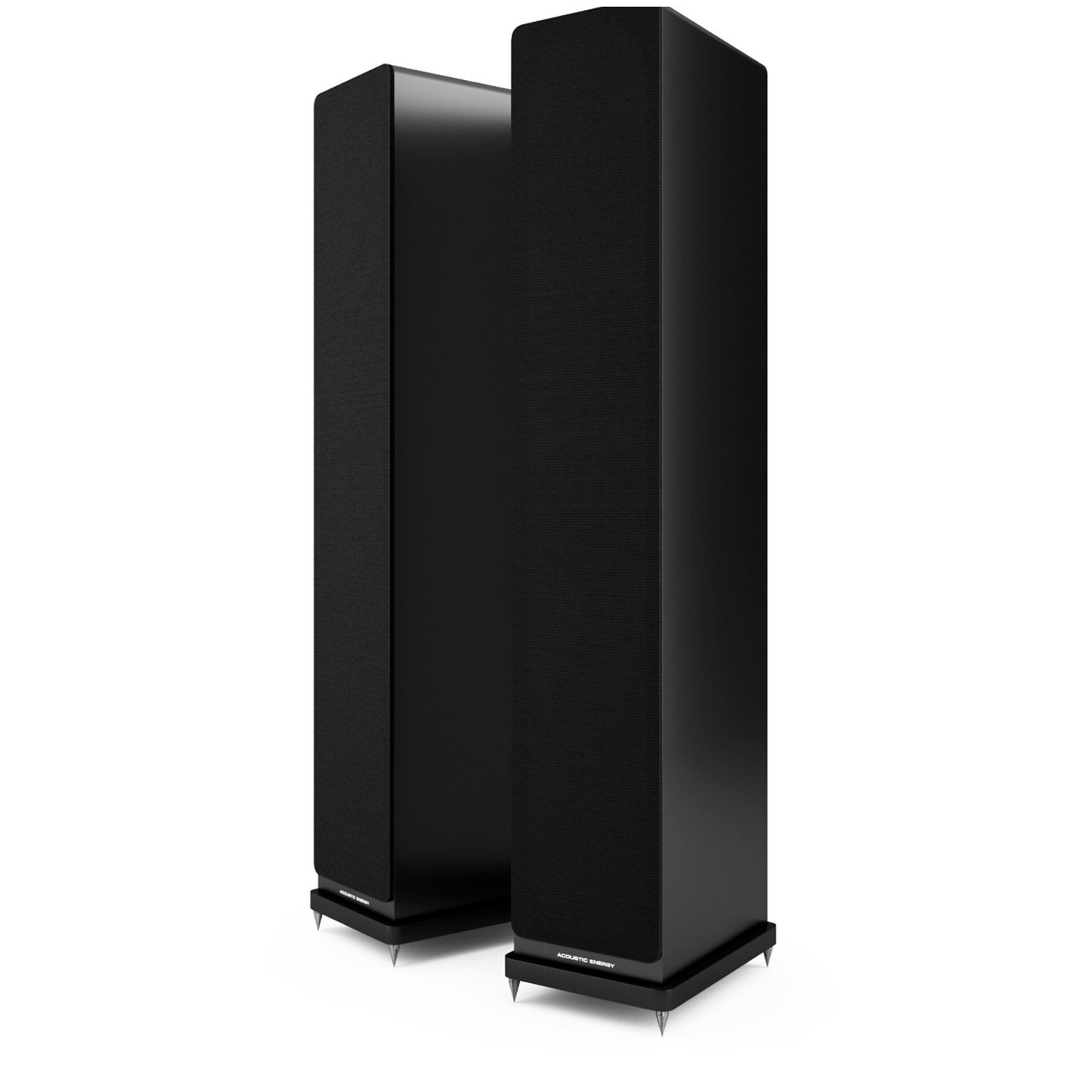 Black pair of Acoustic Energy AE120² Floorstanding Speakers with grilles - on white background