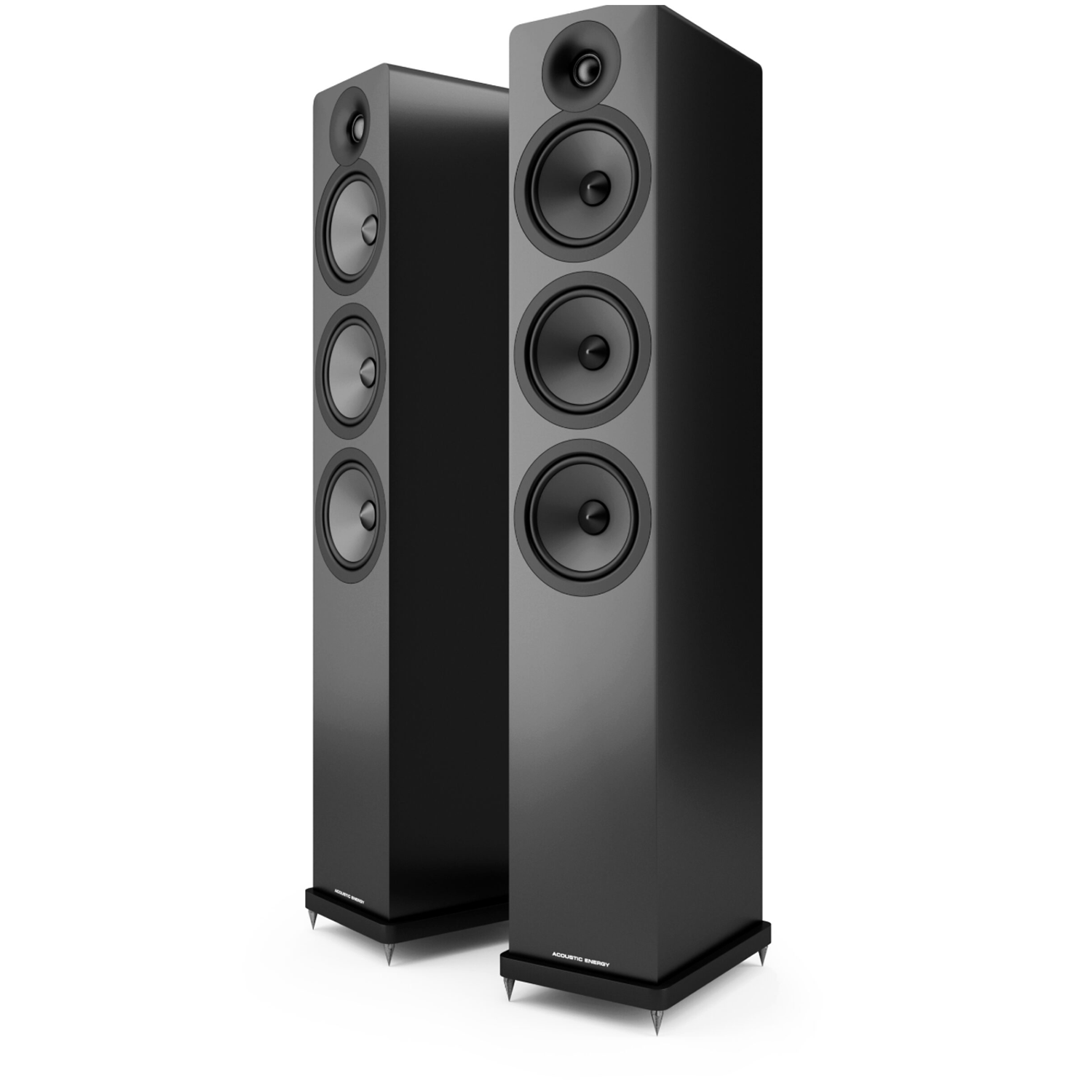 Black pair of Acoustic Energy AE120² Floorstanding Speakers on white background