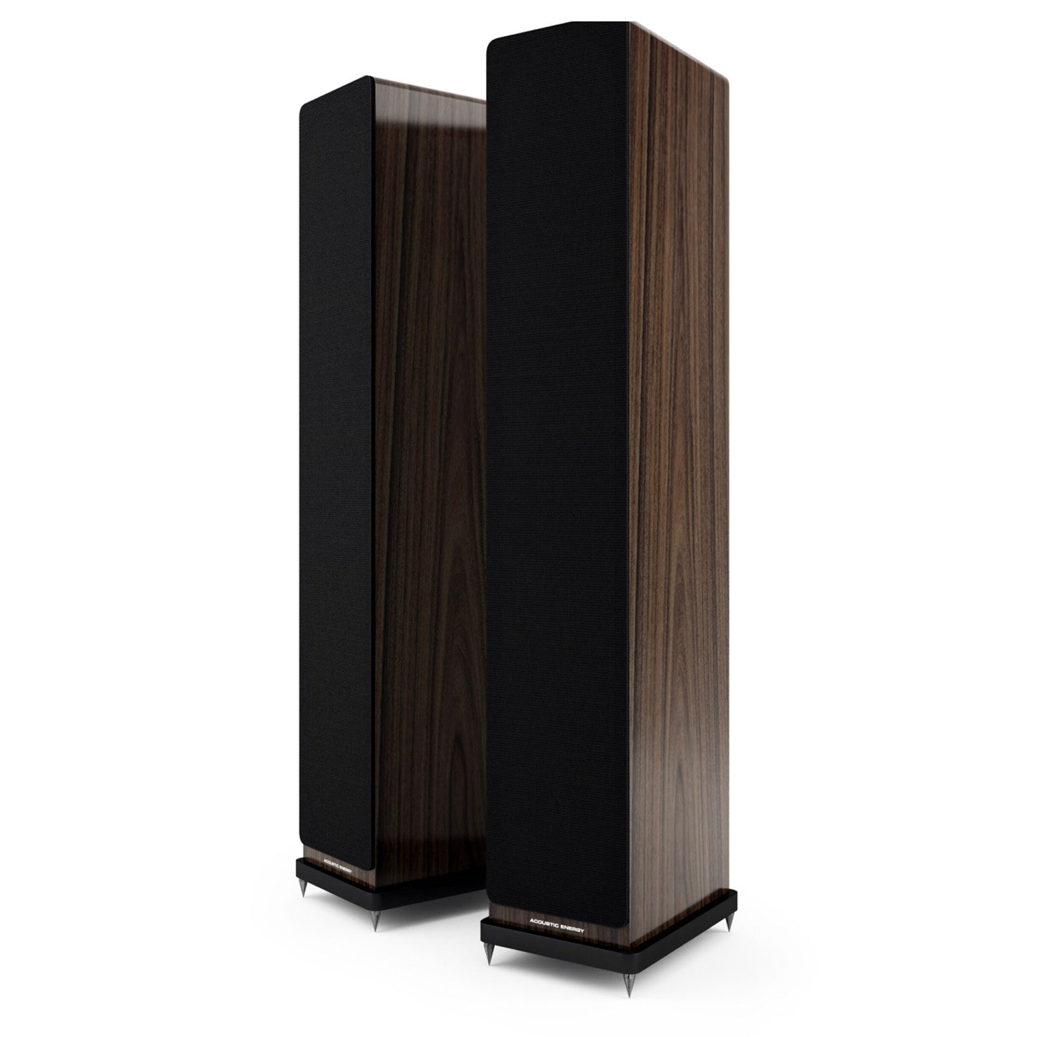 Walnut pair of Acoustic Energy AE120² Floorstanding Speakers with grille on white background