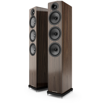 Walnut pair of Acoustic Energy AE120² Floorstanding Speakers on white background