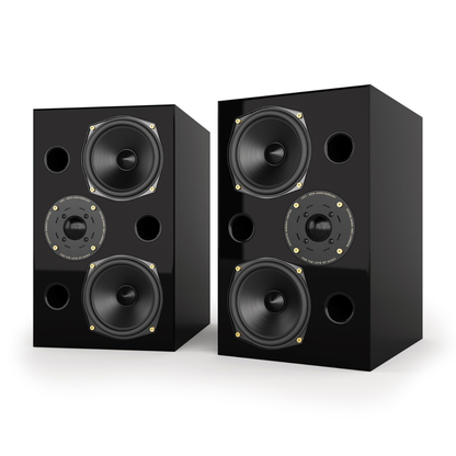 Pair of gloss black Acoustic Energy AE2 40th Anniversary Bookshelf Speakers on a white background
