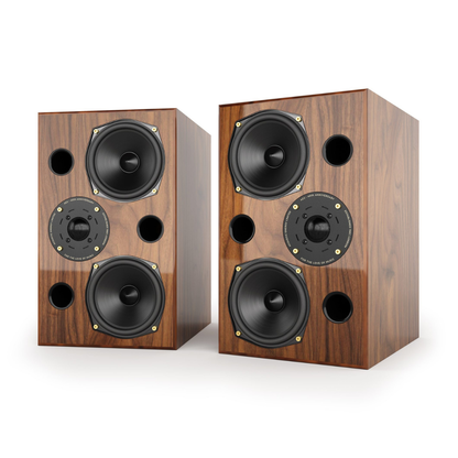 Pair of gloss walnut Acoustic Energy AE2 40th Anniversary Bookshelf Speakers on a white background