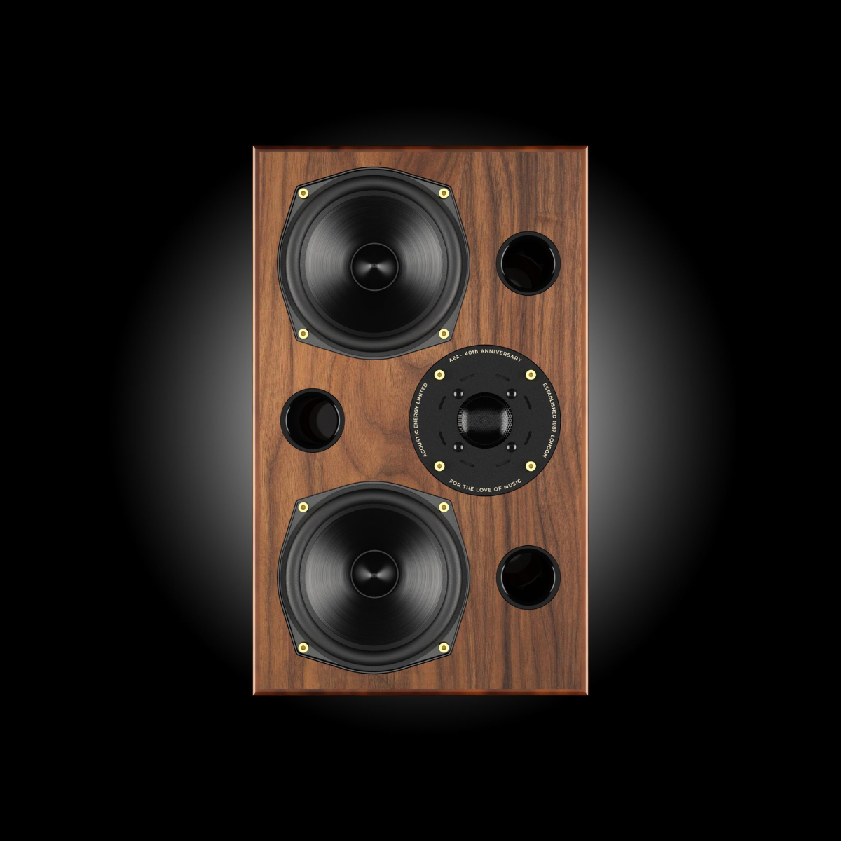 Front view of gloss walnut Acoustic Energy AE2 40th Anniversary Bookshelf Speakers on black background