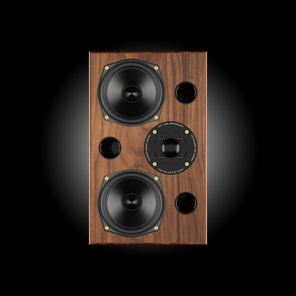 Front view of gloss walnut Acoustic Energy AE2 40th Anniversary Bookshelf Speakers on black background